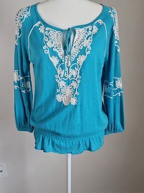 Vintage Cachet SM NWT Linen Blend Knit Top Embroidery Y2K Peplum Festival